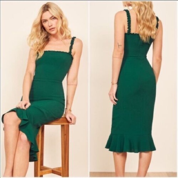 Reformation Dress - emerald green Wilshire Ruffle - Picture 3 of 8
